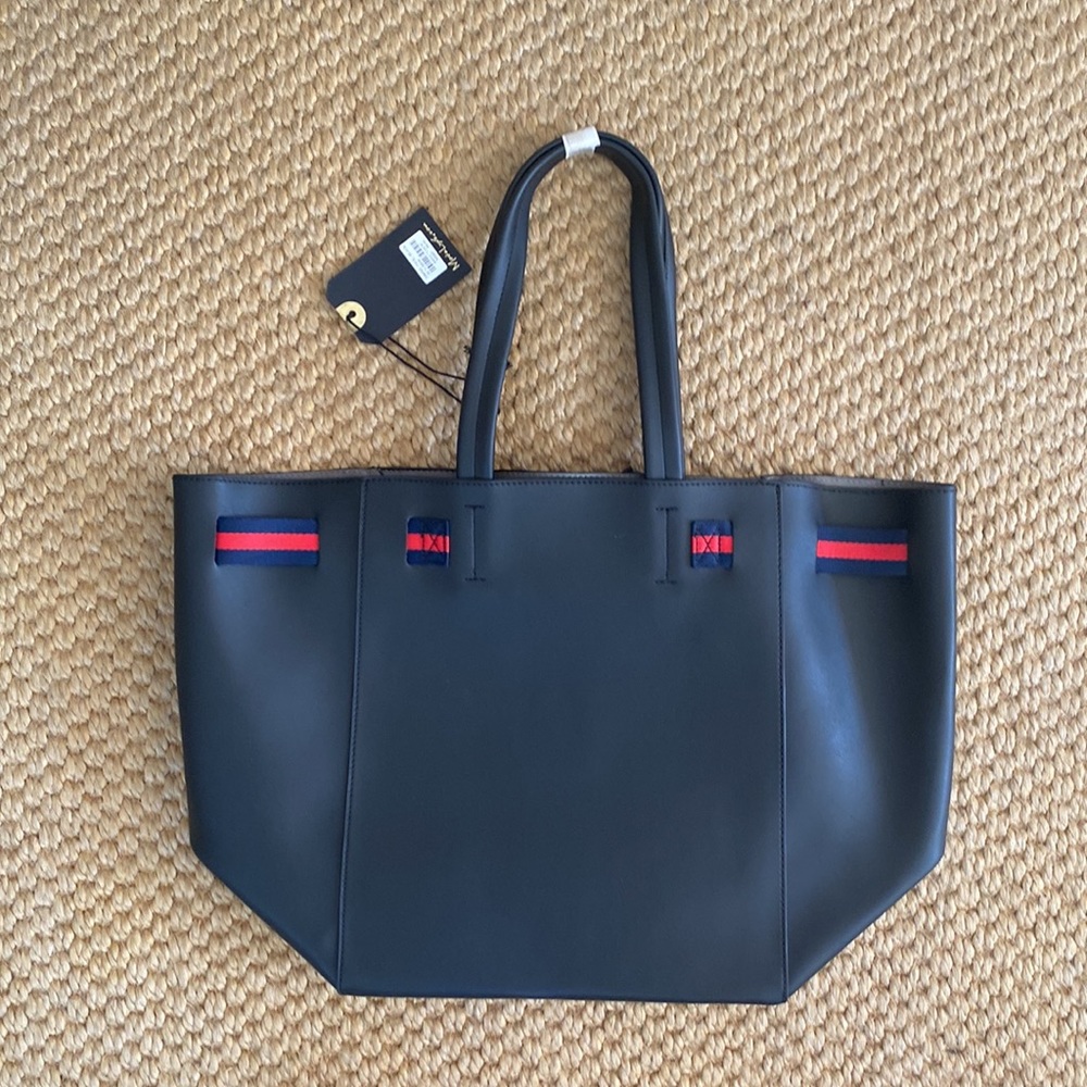 NWT Moda Luxe Black Dutchess Tote Bag - black with red and navy striped ribbon - Picture 2 of 7